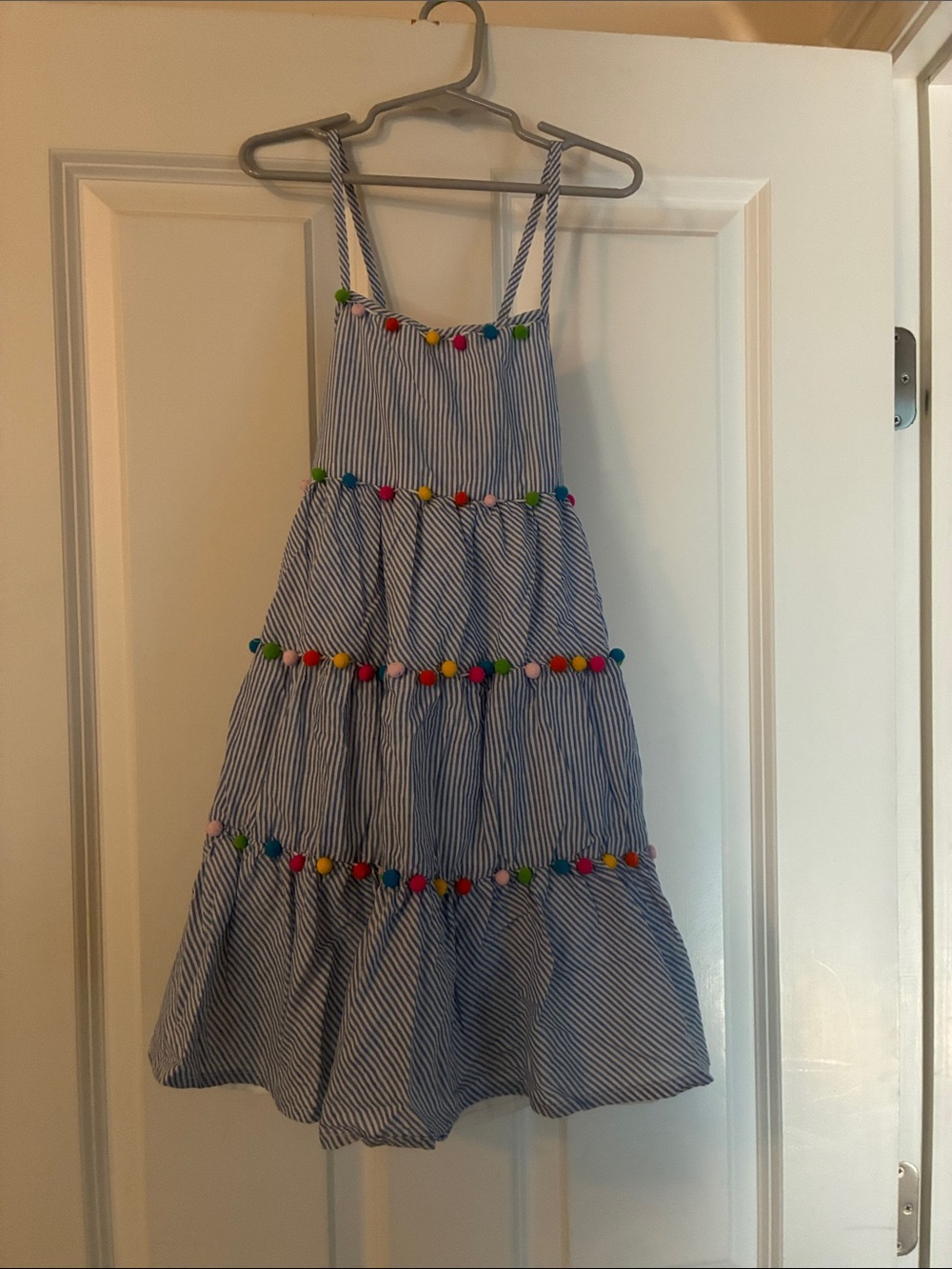 Tommy Bahama Blue-and-White Striped Pom-Pom Tiered Sundress
